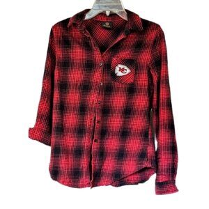 NFL Kansas City KC Juniors Women Chiefs Button Up Flannel Shirt Red Black Plaid
